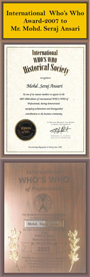 National Who's Who Award-2007 To Mr. Mohd. Seraj Ansari 